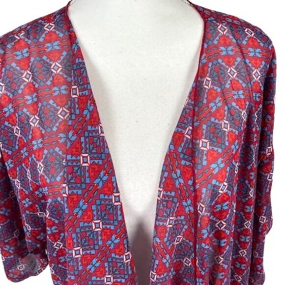 LuLaRoe Monroe Kimono Large Bohemian Chiffon Fringe Red White Blue New With Tags - Picture 1 of 5